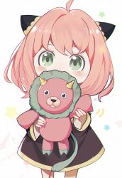 Rule 34 | 1girl, ahoge, anya (spy x family), black dress, blush, child, chinese commentary, commentary request, covered mouth, cowboy shot, director chimera (spy x family), dress, green eyes, hairpods, highres, hoki11, holding, holding stuffed toy, long sleeves, looking at viewer, pink hair, short hair, simple background, solo, sparkle, spy x family, standing, star (symbol), stuffed animal, stuffed toy, white background