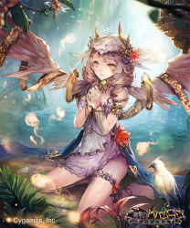 Rule 34 | 1girl, angel, angel wings, anklet, armlet, barefoot, bird, bracelet, dress, forest, grass, jewelry, long hair, nature, original, own hands clasped, own hands together, sitting, teddy (khanshin), veil, wariza, water, wings, yellow eyes