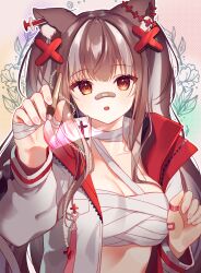 Rule 34 | 1girl, :o, absurdres, bandaged neck, bandages, brown hair, character request, chest sarashi, copyright request, gyuentec, highres, holding, holding brush, jacket, long hair, looking at viewer, midriff, multicolored hair, nail polish, open clothes, open jacket, open mouth, orange eyes, pink nails, sarashi, solo, streaked hair, twintails, upper body, white hair, white jacket