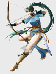 Rule 34 | 1girl, aiming, archery, blue dress, boots, bow (weapon), breasts, brown footwear, closed mouth, delsaber, dress, earrings, fingerless gloves, fire emblem, fire emblem: the blazing blade, floating hair, from side, full body, gloves, green eyes, green hair, grey background, hair tie, highres, holding, holding bow (weapon), holding weapon, jewelry, knee boots, long hair, lyn (fire emblem), mani katti (fire emblem), nintendo, pelvic curtain, ponytail, profile, rope belt, sash, side slit, simple background, solo, spread legs, sword, tassel, very long hair, weapon