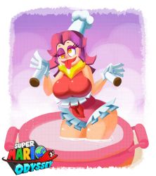 Rule 34 | 1girl, animated, animated gif, bare shoulders, border, bouncing breasts, breasts, chef hat, cookatiel, cooking, curvy, eyelashes, eyeshadow, gloves, hat, large breasts, leotard, logo, long tongue, makeup, mario (series), minuspal, nintendo, partially submerged, pepper shaker, pink hair, pot, purple background, salt shaker, scarf, solo, steam, super mario bros. 1, super mario odyssey, tongue, white border, wide hips, yellow eyes
