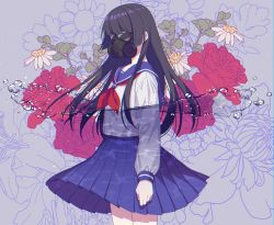 Rule 34 | 1girl, arms at sides, black hair, blouse, blue sailor collar, blue skirt, blunt bangs, caustics, commentary, coronavirus pandemic, feet out of frame, floral background, flower, from side, gas mask, highres, jenevan, long hair, long sleeves, mask, medium skirt, neckerchief, original, pleated skirt, red flower, red neckerchief, sailor collar, school uniform, serafuku, shirt, skirt, solo, standing, straight hair, very long hair, water, white flower, white shirt