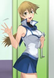 Rule 34 | 1girl, :d, bare arms, blue sailor collar, blue skirt, blurry, blurry background, breasts, brown hair, cowboy shot, duel academy uniform (yu-gi-oh! gx), floating hair, hair between eyes, highres, jacket, long hair, looking at viewer, medium breasts, miniskirt, open mouth, rourou ill, sailor collar, skirt, sleeveless, sleeveless jacket, smile, solo, standing, straight hair, tenjouin asuka, very long hair, white jacket, yellow eyes, yu-gi-oh!, yu-gi-oh! gx