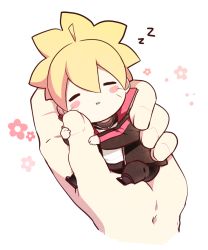Rule 34 | 1boy, = =, ahoge, bad id, bad pixiv id, black pants, blonde hair, blush stickers, boruto: naruto the movie, chibi, closed eyes, facial mark, floral background, hair between eyes, high collar, holding, in palm, jacket, jewelry, male focus, mini person, miniboy, naruto, naruto (series), necklace, nipye, out of frame, pants, sleeping, solo focus, uzumaki boruto, white background, zzz