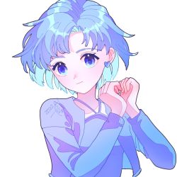 Rule 34 | 1girl, bishoujo senshi sailor moon, blue cardigan, blue eyes, blue hair, blue shirt, breasts, cardigan, earrings, halterneck, heart, heart earrings, heart hands, highres, jewelry, long sleeves, looking at viewer, mizuno ami, own hands together, parted bangs, puchi (wamsnzs), shirt, short hair, signature, simple background, small breasts, solo, upper body, white background
