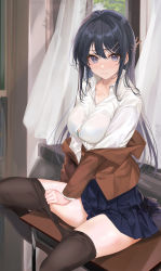 Rule 34 | 1girl, black hair, black pantyhose, blouse, blue skirt, blush, bra visible through clothes, breasts, brown jacket, clothes pull, collarbone, collared shirt, commentary request, curtains, desk, dress shirt, hair ornament, hairclip, highres, jacket, jacket partially removed, large breasts, long hair, looking at viewer, mexif, on desk, pantyhose, pantyhose pull, pleated skirt, purple eyes, sakurajima mai, school uniform, see-through, see-through shirt, seishun buta yarou, shirt, sitting, skirt, solo, thighs, undressing, white shirt, window