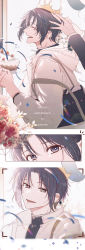 Rule 34 | 1boy, :d, absurdres, amazing-cookie, bag, bishounen, black hair, confetti, crown, film grain, flower, from side, happy, happy birthday, highres, idolish7, izumi iori, laughing, male focus, open mouth, parted bangs, pink flower, pink rose, profile, rose, short hair, smile, solo