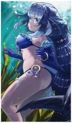 Rule 34 | 1girl, absurdres, ass, bikini, blue bikini, blue eyes, blue gloves, blue hair, blush, breasts, bubble, elbow gloves, fins, frilled bikini, frilled gloves, frills, gloves, hairband, head fins, highres, kemono friends, large breasts, long hair, looking at viewer, medium breasts, multicolored hair, sidelocks, smile, solo, steller&#039;s sea cow (kemono friends), swimsuit, tail, toriny, underwater, white hair