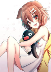 Rule 34 | 1girl, :d, animal ears, bare shoulders, blush, bone hair ornament, braid, breasts, brown eyes, brown hair, cartoon bone, commentary request, dog ears, dress, feet out of frame, hair between eyes, hair ornament, highres, hololive, hugging object, inugami korone, inugami korone (1st costume), jacket, knees up, open mouth, pleated dress, prophosphere, sleeveless, sleeveless dress, small breasts, smile, solo, stuffed animal, stuffed penguin, stuffed toy, virtual youtuber, white dress, yellow jacket