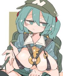 Rule 34 | 1girl, :/, backpack, bag, bikini pull, black thighhighs, blue eyes, blue hair, blue shirt, breasts, closed mouth, clothes pull, flat cap, green background, green hat, hair bobbles, hair ornament, hat, kawashiro nitori, key, large breasts, looking at viewer, massakasama, pulling own clothes, shirt, short hair, short sleeves, solo, thighhighs, touhou, two side up, upper body