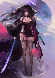 Rule 34 | 1girl, asymmetrical clothes, bare shoulders, blue eyes, breasts, chocofing r, choker, cleavage, closed mouth, collar, collarbone, full body, garter straps, hat, high heels, holding, holding sword, holding weapon, japanese clothes, kimono, large breasts, long hair, looking at viewer, off shoulder, one eye covered, original, pantyhose, sash, side slit, solo, standing, sword, thighhighs, thighs, torn clothes, torn legwear, very long hair, weapon, wide sleeves