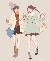 Rule 34 | 10s, 2girls, alternate costume, bag, beanie, black hair, black shorts, buttons, casual, coat, coffee cup, colis, commentary request, cup, disposable cup, doughnut, food, full body, grey background, grey eyes, handbag, hat, holding, holding cup, holding food, kantai collection, knit hat, mikuma (kancolle), mogami (kancolle), mouth hold, multiple girls, patterned background, red sweater, short hair, shorts, shoulder bag, sweater, twintails, twitter username, winter clothes
