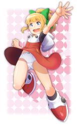 Rule 34 | 1girl, blonde hair, blue eyes, blunt bangs, bow, bow panties, crotch seam, dress, flat chest, full body, green bow, hair bow, highres, long hair, looking at viewer, mega man (classic), mega man (series), open mouth, panties, ponytail, qome, red dress, red skirt, roll (mega man), skirt, smile, solo, underwear, upskirt