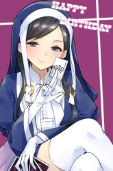 Rule 34 | 1girl, assault lily, between fingers, black hair, blue dress, blue eyes, blue headwear, bow, bowtie, card, card between fingers, closed mouth, commentary, crossed legs, dress, gloves, habit, half-closed eyes, hand up, happy birthday, highres, holding, holding card, hotaru (ultraroly poly), juliet sleeves, light blush, long hair, long sleeves, looking at viewer, makabe melania sayoko, nun, puffy sleeves, purple background, sidelocks, sitting, smirk, solo, swept bangs, thighhighs, two-tone dress, v-shaped eyebrows, veil, white bow, white bowtie, white dress, white gloves, white sleeves, white thighhighs, zettai ryouiki