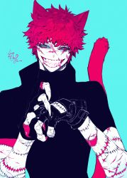 Rule 34 | 1boy, animal ears, black gloves, black shirt, blue background, blue sclera, cat boy, cat ears, cat tail, colored sclera, facial scar, fingerless gloves, fingernails, gloves, grin, high collar, highres, looking at viewer, male focus, original, pigeon666, pink hair, pink sclera, scar, scar on arm, scar on cheek, scar on face, scar on hand, scar on mouth, scar on nose, scars all over, sharp fingernails, sharp teeth, shirt, short hair, short sleeves, signature, slit pupils, smile, solo, stitches, tail, teeth, too many, scars all over, upper body, white eyes