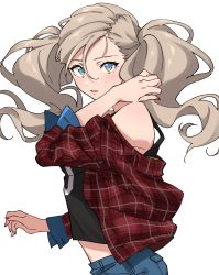 Rule 34 | 1girl, artist request, blonde hair, blue eyes, clothes writing, cowboy shot, denim, denim shorts, from side, hair between eyes, highres, jacket, looking at viewer, midriff peek, nail polish, persona, persona 5, plaid, plaid jacket, plaid shirt, shirt, shorts, simple background, solo, takamaki anne, tank top, twintails, white background