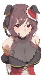 Rule 34 | 1girl, :&gt;, absurdres, animal ears, asobi nin, bare shoulders, blush, braided hair rings, breasts, brown hair, cleavage, closed mouth, commentary request, detached sleeves, dress, ear ornament, ears down, gentildonna (umamusume), heart ear ornament, highres, horse ears, horse girl, looking at viewer, puffy sleeves, red eyes, see-through, see-through cleavage, simple background, solo, umamusume, upper body, wavy hair, white background