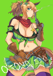 Rule 34 | 1girl, absurdres, akaya shiki, animal ears, bandana, bare shoulders, belt, bikini, bikini under clothes, blue eyes, breasts, brown belt, brown gloves, brown hair, cleavage, commentary request, cowboy shot, crop top, gloves, green background, green shirt, green skirt, gun, hair ornament, handgun, highres, holding, holding gun, holding weapon, holster, horse ears, large breasts, looking at viewer, midriff, navel, off-shoulder shirt, off shoulder, one eye closed, partial commentary, ponytail, purple thighhighs, revolver, shirt, short hair, simple background, skirt, solo, standing, star (symbol), star hair ornament, stomach, swimsuit, taiki shuttle (umamusume), tail, thighhighs, trigger discipline, umamusume, weapon