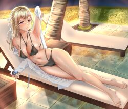 Rule 34 | 1girl, absurdres, arm up, armpit crease, armpits, backlighting, bang dream!, bare legs, bare shoulders, barefoot, between breasts, bikini, black bikini, blonde hair, blush, breasts, chair, cleavage, collarbone, commentary, crossed bangs, cup, drink, drinking glass, earrings, full body, furiousghafo, glint, groin, hair between eyes, hair ribbon, half updo, halterneck, hedge, highres, holding, holding cup, jewelry, large breasts, long hair, long sleeves, looking at viewer, lounge chair, lying, multi-strapped bikini, navel, night, o-ring, o-ring bikini, o-ring top, off shoulder, on side, open clothes, open shirt, outdoors, parted lips, pink eyes, ribbon, shirasagi chisato, shirt, solo, stomach, swimsuit, swimsuit cover-up, tile floor, tiles, tree, white ribbon, white shirt