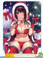 Rule 34 | 1girl, ;), bikini, black hair, boots, box, breasts, bridal gauntlets, christmas, cleavage, closed mouth, dengeki moeou, detached collar, finger to mouth, fingerless gloves, fur trim, gift, gift box, glint, gloves, highres, hood, hoodie, jewelry, large breasts, mataro (matarou), navel, necklace, non-web source, one eye closed, purple eyes, red bikini, red gloves, red thighhighs, rosary, side-tie bikini bottom, sitting, smile, solo, star (symbol), swimsuit, thigh boots, thighhighs, wariza