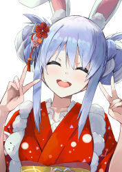 Rule 34 | 1girl, ^ ^, animal ear fluff, animal ears, blue hair, blush, braid, braided bun, breasts, closed eyes, commentary, double bun, double v, flower, hair between eyes, hair bun, hair flower, hair ornament, head tilt, highres, hololive, japanese clothes, kimono, konkito, light blue hair, looking at viewer, medium hair, multicolored hair, obi, official alternate costume, open mouth, rabbit ears, red kimono, sash, sidelocks, simple background, small breasts, smile, solo, thick eyebrows, twin braids, twintails, two-tone hair, upper body, usada pekora, usada pekora (new year), v, virtual youtuber, white background, white hair