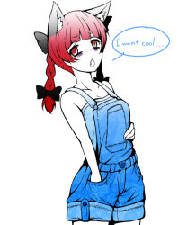 Rule 34 | 1girl, animal ears, bad id, bad pixiv id, braid, cat ears, cat girl, english text, engrish text, female focus, hair ribbon, hand in pocket, kaenbyou rin, ksp, overalls, ranguage, red eyes, red hair, ribbon, solo, suspenders, touhou, twin braids