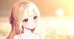 Rule 34 | 1girl, bad id, bad pixiv id, bare shoulders, blonde hair, blunt bangs, blurry, blurry background, blush, brown eyes, collarbone, commentary, dd 0000, highres, long hair, looking at viewer, off shoulder, original, parted lips, portrait, solo, spaghetti strap, symbol-only commentary