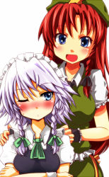 Rule 34 | 2girls, :d, ;o, bad id, bad pixiv id, blue eyes, blush, crossed arms, hand on another&#039;s shoulder, hat, hong meiling, ishimori sakana, izayoi sakuya, maid headdress, multiple girls, one eye closed, open mouth, red hair, silver hair, smile, touhou, wink