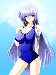 Rule 34 | 1girl, blue hair, blue one-piece swimsuit, breasts, cleavage, engo (aquawatery), kamishirasawa keine, large breasts, long hair, no headwear, no headwear, one-piece swimsuit, red eyes, ribbon, school swimsuit, silver hair, solo, swimsuit, touhou
