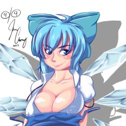 Rule 34 | circled 9, 10s, 1girl, 2012, ahoge, alternate breast size, blue eyes, blue hair, bow, breasts, cirno, cleavage, dated, covered erect nipples, hair bow, highres, ice, ice wings, large breasts, matching hair/eyes, off shoulder, aged up, radlionheart, short hair, signature, smile, solo, touhou, transparent background, wardrobe malfunction, wings