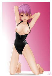 Rule 34 | 1girl, acerbi, breasts, feet, front zipper swimsuit, full body, highres, kneeling, long hair, meme attire, nipples, one-piece swimsuit, open clothes, original, pink hair, red eyes, simple background, solo, swimsuit, toenails, toes
