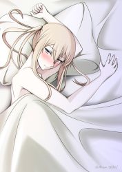 Rule 34 | 1girl, blonde hair, graf zeppelin (kancolle), grey eyes, hair between eyes, highres, kantai collection, looking at viewer, lying, misono chiaki, on side, pillow, sidelocks, smile, solo, tsurime, twintails, under covers, upper body