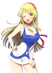 Rule 34 | 1girl, ;d, arm ribbon, bang dream!, bare shoulders, blonde hair, breasts, choker, cleavage, cowboy shot, dress, earrings, hair ribbon, hairband, hand on own hip, harusawa, jewelry, large breasts, long hair, looking at viewer, one eye closed, open mouth, red choker, red ribbon, ribbon, short dress, sidelocks, simple background, smile, solo, standing, tsurumaki kokoro, white background, yellow eyes