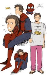 Rule 34 | 1boy, absurdres, avengers (series), brown hair, crying, full body, highres, male focus, marvel, marvel cinematic universe, pajamas, peter parker, pout, sandals, solo, tears