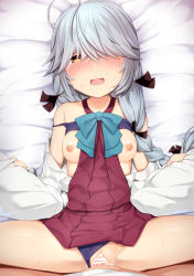 Rule 34 | 1boy, 1girl, ahoge, bar censor, black ribbon, blue neckwear, blue panties, blush, bow, bowtie, bra, braid, breasts, breasts out, brown eyes, censored, clothed sex, clothing aside, commentary request, cum, cum in pussy, grey hair, hair between eyes, hair over eyes, hair over one eye, hair ribbon, hamanami (kancolle), happy sex, hetero, holding, indoors, kantai collection, long hair, long sleeves, looking at viewer, lying, missionary, nipples, off shoulder, on back, on bed, open mouth, panties, panties aside, penis, pov, pussy, revision, ribbon, school uniform, sex, shacho (ko no ha), shirt, single braid, small breasts, smile, solo focus, spread legs, sweat, tears, underwear, vaginal, white shirt