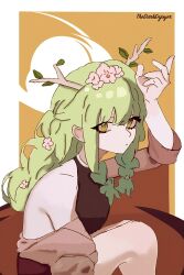 Rule 34 | 1girl, absurdres, alternate costume, antlers, arm above head, bare legs, bare shoulders, black dress, braid, brown jacket, ceres fauna, closed mouth, copyright name, dress, eyebrows hidden by hair, flower, green hair, hair flower, hair ornament, highres, hololive, hololive english, horns, jacket, long hair, looking at viewer, makeup, mascara, off shoulder, orange background, outside border, thedarkenjoyer, thick eyelashes, virtual youtuber, yellow eyes