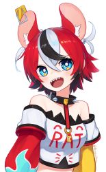 Rule 34 | 1girl, :d, alternate hairstyle, animal ears, bare shoulders, blue eyes, blush, bright pupils, clothes writing, collar, cropped shirt, detached sleeves, hakos baelz, highres, hololive, hololive english, looking at viewer, mouse ears, mousetrap, multicolored hair, off-shoulder shirt, off shoulder, open mouth, print shirt, red hair, sharp teeth, shirt, short hair, simple background, smile, solo, spiked collar, spikes, teeth, upper body, upper teeth only, virtual youtuber, white background, white pupils, yoako