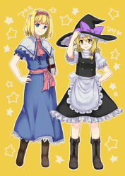 Rule 34 | 2girls, alice margatroid, apron, black skirt, black vest, blonde hair, blue dress, blue eyes, book, boots, bow, brown footwear, capelet, dress, frilled apron, frilled skirt, frills, full body, hair between eyes, hair bow, hairband, hand in pocket, hand on headwear, hand on own hip, hat, hat bow, holding, holding book, kirisame marisa, knee boots, long hair, monrooru, multiple girls, puffy short sleeves, puffy sleeves, ribbon, short hair, short sleeves, single sidelock, skirt, standing, star (symbol), starry background, touhou, turtleneck, vest, waist apron, witch hat, yellow background, yellow eyes