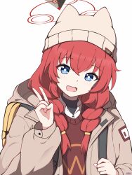 Rule 34 | 1girl, animal ear headwear, animal ears, backpack, bag, beanie, blue archive, blue eyes, braid, chinese commentary, commentary request, fake animal ears, grey hat, grey jacket, halo, hat, highres, jacket, long hair, long sleeves, looking at viewer, maki (blue archive), maki (camp) (blue archive), nong liang he, official alternate costume, open mouth, puffy long sleeves, puffy sleeves, red hair, red halo, red sweater vest, simple background, solo, sweater vest, twin braids, upper body, v, white background