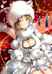 Rule 34 | 1girl, animal ears, animal hat, arm up, blonde hair, breasts, cleavage, cleavage cutout, clothing cutout, dress, elbow gloves, fake animal ears, female focus, fur, gloves, hat, large breasts, looking at viewer, original, smile, solo, stuffed animal, stuffed toy, teddy bear, white dress, yanyo (ogino atsuki), yellow eyes