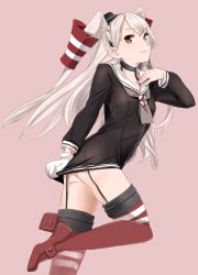 Rule 34 | 10s, 1girl, amatsukaze (kancolle), bad id, bad twitter id, dress, garter straps, gloves, hair tubes, kantai collection, long hair, ojipon, sailor dress, see-through, silver hair, solo, thighhighs, two side up
