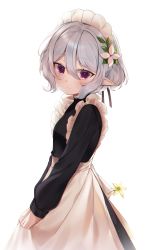 Rule 34 | 1girl, absurdres, alternate costume, antenna hair, apron, bare shoulders, black dress, blush, breasts, closed mouth, commentary request, dd 0000, dress, enmaided, flower, frilled apron, frills, hair between eyes, hair flower, hair ornament, highres, kokkoro (princess connect!), long sleeves, looking at viewer, looking to the side, maid, maid apron, maid headdress, pointy ears, princess connect!, puffy sleeves, purple eyes, short hair, silver hair, simple background, small breasts, smile, solo, v arms, waist apron, white apron, white background, white flower, yellow flower