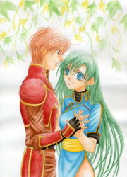 Rule 34 | alternate hairstyle, armor, blue eyes, couple, eye contact, fingerless gloves, fire emblem, fire emblem: the blazing blade, gloves, green hair, holding hands, happy, kent (fire emblem), knight, leaf, long hair, looking at another, lyn (fire emblem), nintendo, orange hair, red eyes, short hair, side slit, smile, very long hair