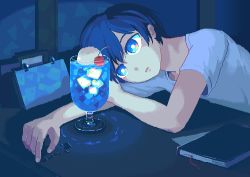 1boy, animated, animated gif, blinking, blue eyes, blue hair, book, bubble, cherry, desk, drink, food, fruit, ice, ice cube, looking at object, lowres, lying, open mouth, pixel art, shirt, toyoi yuuta, white shirt