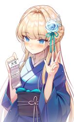 Rule 34 | 1girl, aqua ribbon, blonde hair, blue archive, blue eyes, blue kimono, blush, braid, closed mouth, commentary request, flower, hair flower, hair intakes, hair ornament, hair ribbon, half updo, hands up, highres, holding, holding paper, japanese clothes, kimono, long hair, luna nyann, nose blush, omikuji, paper, ribbon, simple background, solo, toki (blue archive), translated, upper body, very long hair, w, white background