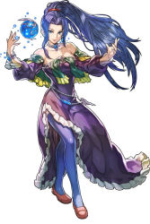 Rule 34 | 1girl, bare shoulders, blue eyes, blue gemstone, blue hair, blue thighhighs, bracelet, capelet, choker, dress, earrings, full body, gem, glowing, green capelet, hand up, jewelry, long hair, looking at viewer, mavelle froessen, neck ring, official art, orb, ponytail, purple dress, red footwear, shoes, simple background, solo, standing, star ocean, star ocean first departure, stud earrings, thighhighs, very long hair, white background