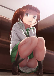 Rule 34 | 10s, 1girl, :d, bar censor, bench, black socks, black ribbon, brown eyes, brown footwear, brown hair, censored, couch, full body, girls und panzer, green skirt, hair ribbon, hamushima, hand on own cheek, hand on own face, indoors, kadotani anzu, kneehighs, loafers, long hair, long sleeves, looking at viewer, neckerchief, no panties, ooarai school uniform, open mouth, partially visible vulva, pleated skirt, pussy, ribbon, sailor collar, school uniform, serafuku, shaded face, shirt, shoes, skirt, smile, socks, solo, squatting, table, teeth, thighs, twintails, upskirt, white shirt