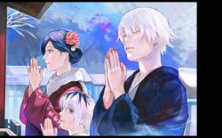 Rule 34 | 1boy, 2girls, absurdres, black hair, black nails, blue hair, child, closed eyes, closed mouth, family, father and daughter, flower, from side, hair flower, hair ornament, highres, husband and wife, japanese clothes, kaneki ichika, kaneki ken, kimono, kirishima touka, kyuuba melo, looking at viewer, mother and daughter, multicolored hair, multiple girls, nail polish, outdoors, praying, red eyes, red flower, short hair, shrine, smile, tokyo ghoul, tokyo ghoul:re, tree, two-tone hair, white hair