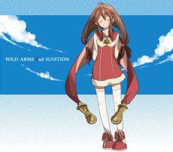 Rule 34 | 1girl, ahoge, arms behind back, blue background, brown hair, cape, coat, copyright name, closed eyes, full body, hairband, halftone, hatoko, lilka eleniak, long hair, low-tied long hair, shoes, smile, solo, standing, thighhighs, twintails, white thighhighs, wild arms, wild arms 2, yahata hato