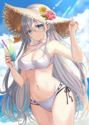 Rule 34 | 1girl, anastasia (fate), bare shoulders, bikini, blue eyes, breasts, choker, cleavage, cloud, collarbone, commentary request, cowboy shot, day, earrings, fate/grand order, fate (series), hair between eyes, harimoji, hat, jewelry, long hair, looking at viewer, medium breasts, midriff, navel, outdoors, sky, sleeveless, solo, stomach, straw hat, swimsuit, white hair
